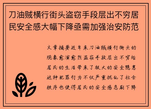 刀油贼横行街头盗窃手段层出不穷居民安全感大幅下降亟需加强治安防范
